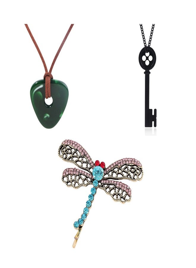 Teemotutu Halloween Key Necklace Merchandise Jewelry Set Green Stone Necklace Dragonfly Hairclip for Women Fan Halloween Cosplay Costume Accessories 3PCS - Image 1
